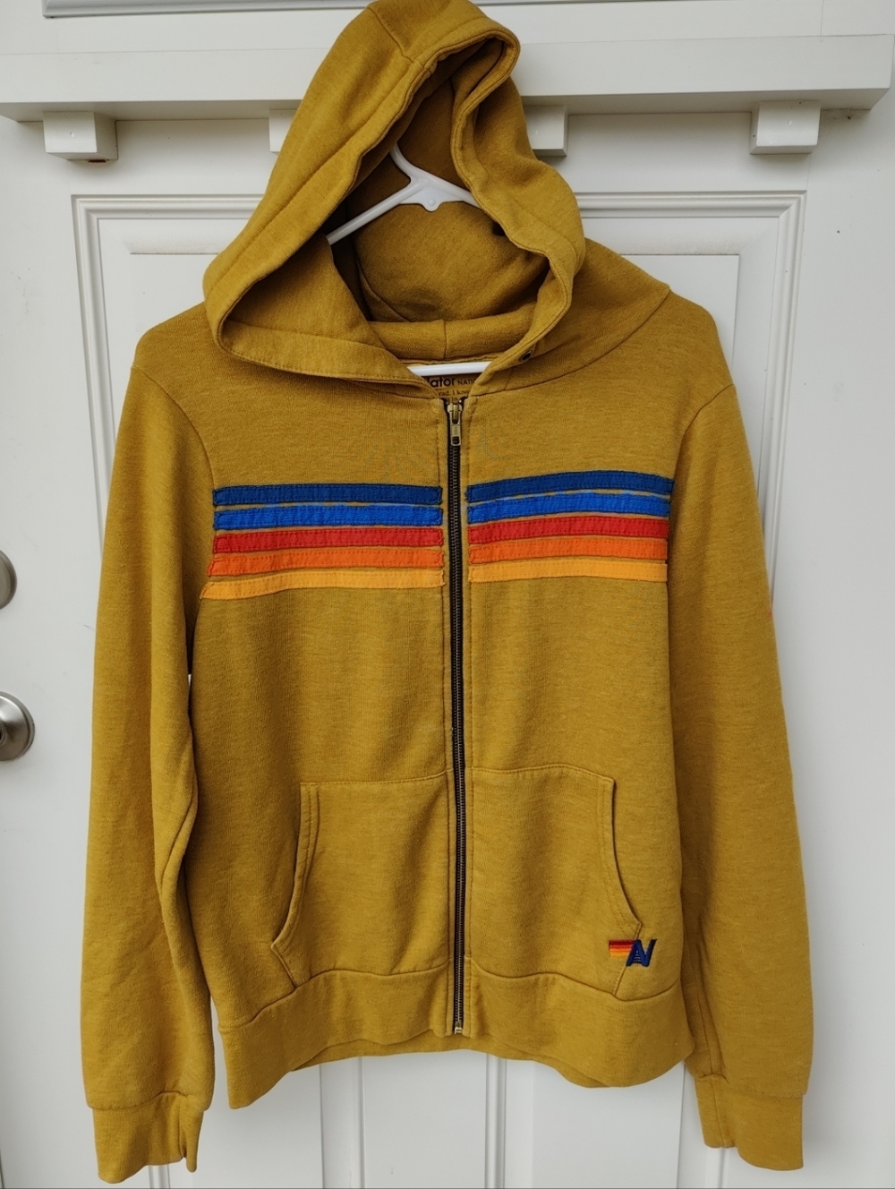 Aviator Nation 5 Striped Hoodie Sz M Mustard Yellow Full Zip Pockets Jacket USA